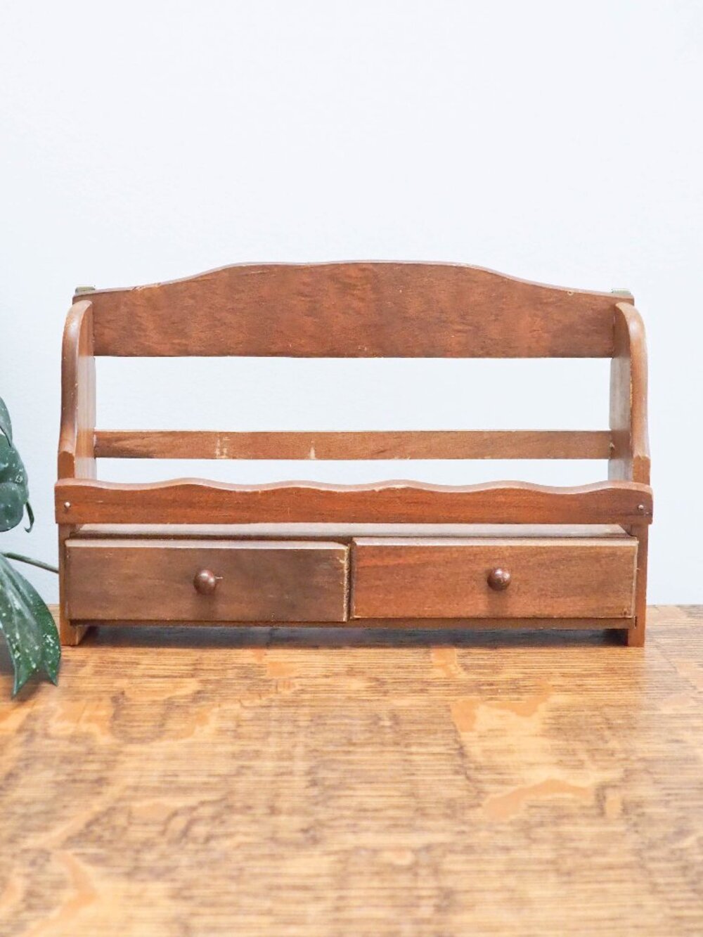 Vtg Rustic Spice Rack - Vintage Curio Shelf - Classic Wood Spice Shelf Drawers